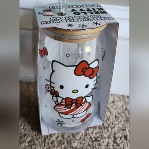 Hello Kitty 16oz Glass Tumbler with Lid and Straw Holiday NEW